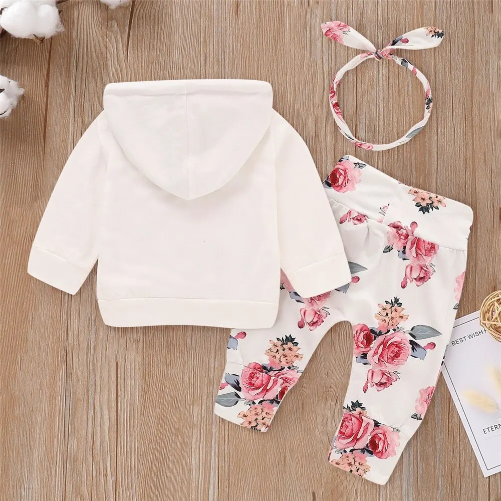 0-18 Months Toddler Baby Girl 3PCS Hooded Clothes Set Flowers Print Long Sleeve TopPantBowknot Headband Fashion Autumn Outfit 241028