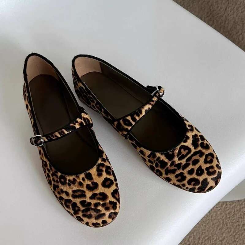 Fashionable Shallow Mouth Leopard Print Women's Ballet Mary Jane Spring and Autumn Walking Shoes Round Toe Buckle Flats