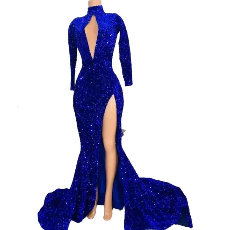 2024 Sexy Royal Blue Dresses High Neck Keyhole Sequined Lace Sequins Sparkly Mermaid Side Split Long Sleeves Evening Dress Prom Gowns Or Length 0513