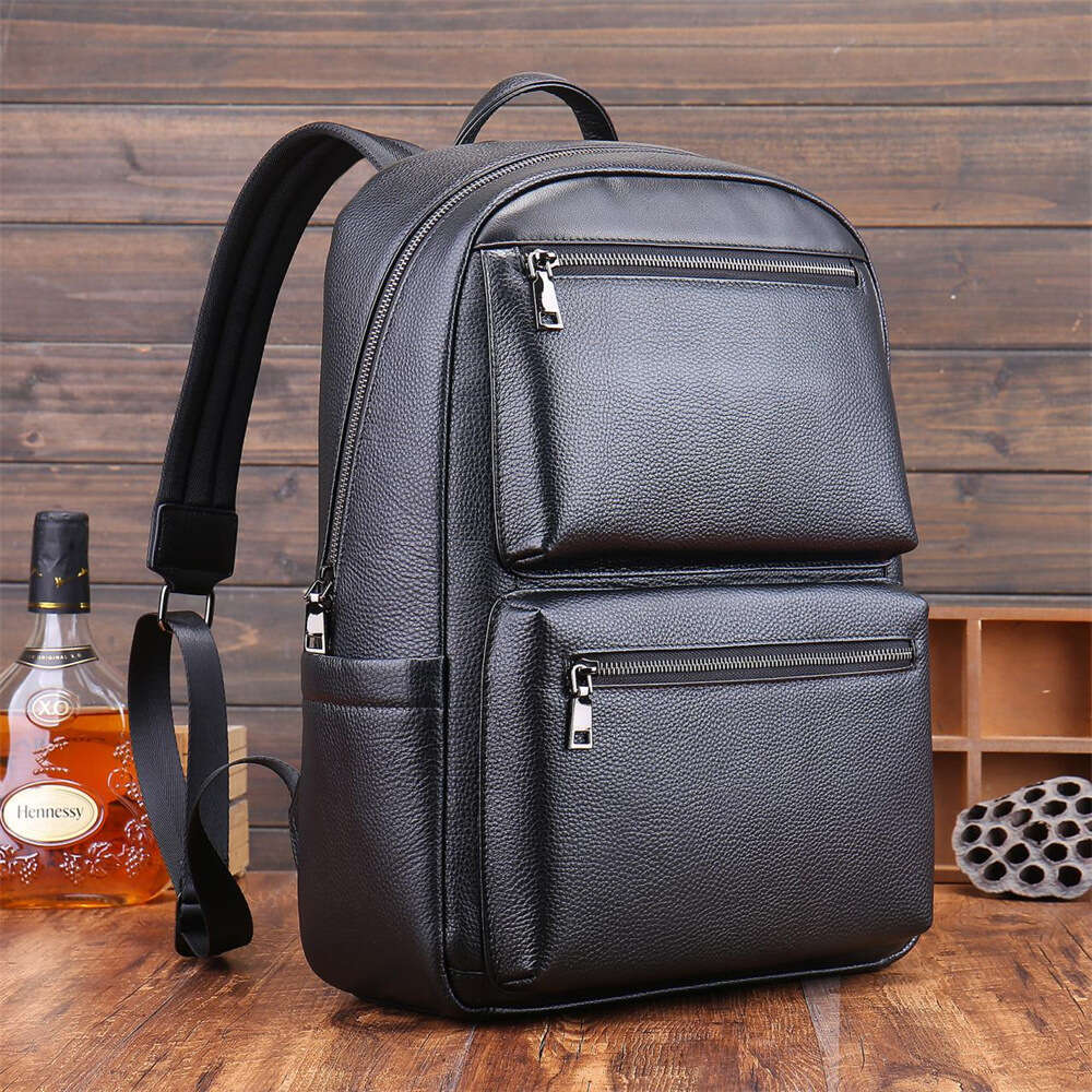 Fashion Korean Style Black Genuine Leather Men's Outdoor Business Travel Backpack Schoolbag For Laptop 16 Inch