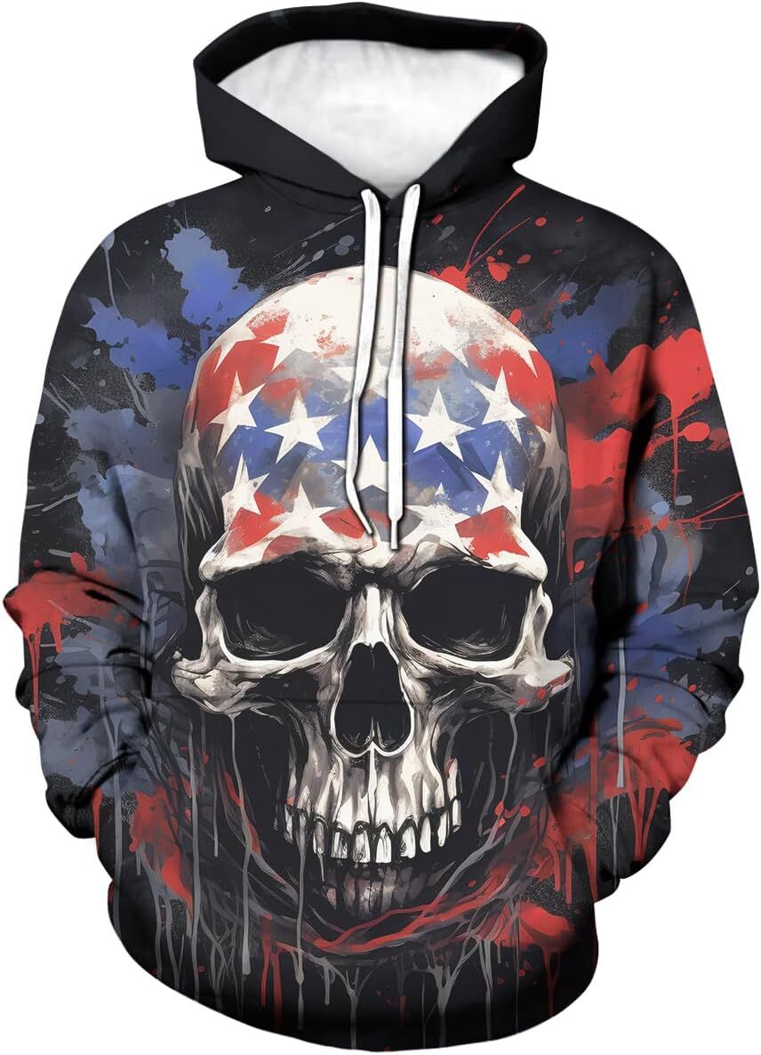 Hoodie for Mens American Flag Skull Cool Graphic Hoodie 3D Skeleton Print Hooded Sweatshirts,Graphic Hoodies sweatshirt Warm and casual