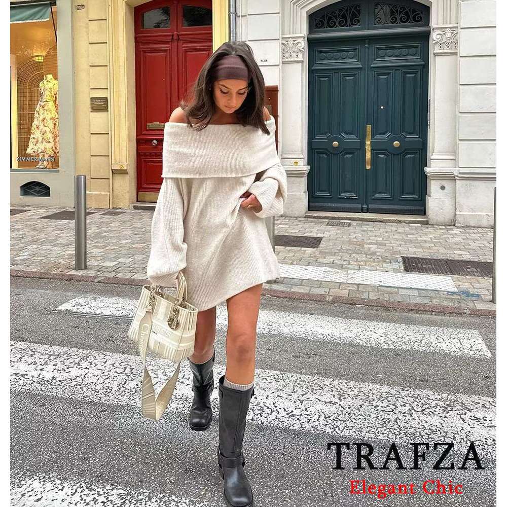 TRAFZA Women Knitted Straight Shoulder Off-Shoulder Boat Neck New 2024 Spring Fall Sexy Elegant Sweater