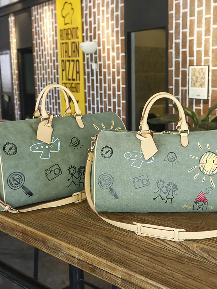 Large Capacity Women Travel Canvas Bag Zipper Fashion Printing Casual Fitness Single Shoulder Handbag Female Boston Bags 241021