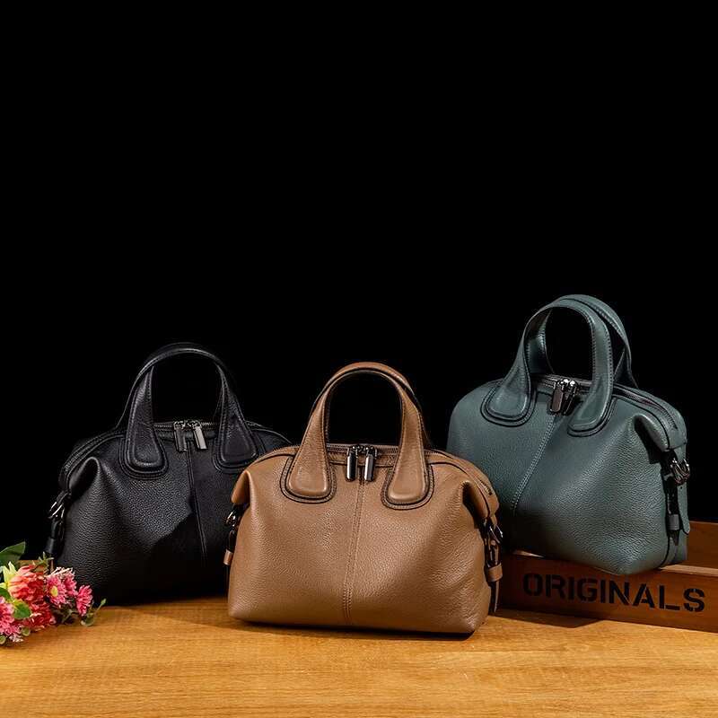 New Thick Cowhide Leather Women Handbag Blue Classic Stylish Large Capacity Female Shoulder Commute Tote Bag For Ladies