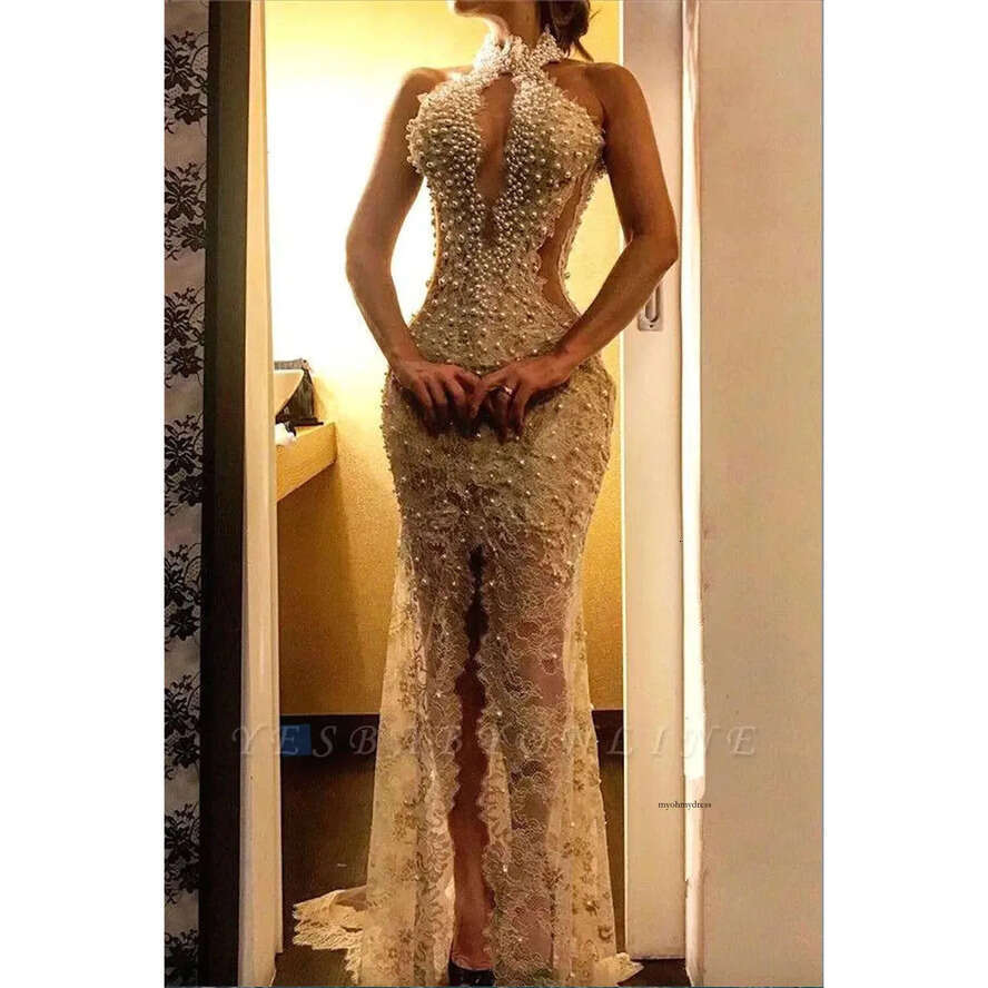 2023 Sexy Neck Lace Mermaid Prom Vintage Pearl Beaded High Side Split Evening Gown Long Open Back Formal Dresses Bc271 0509