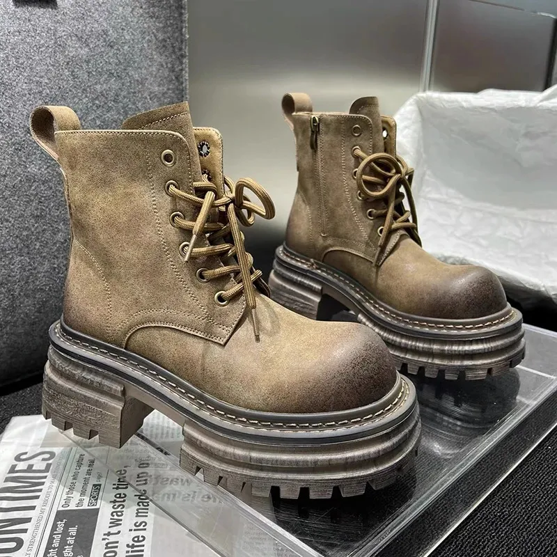 Womens ankle snow with platform soles Mid-heel fashion leather shoes womens Winter trend casual Goth style Knight boots Botas Mujer 241118