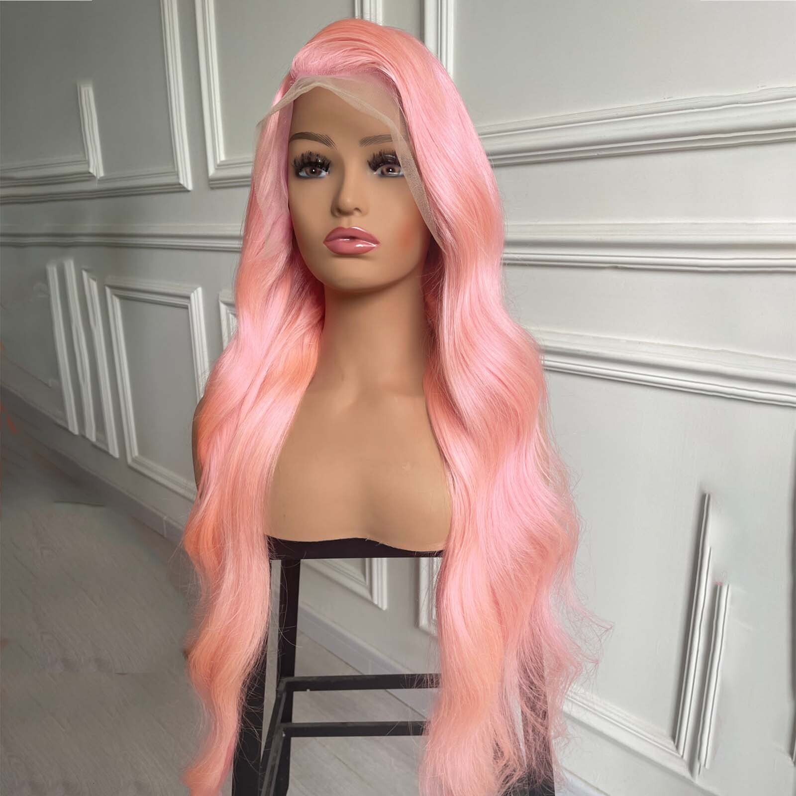 Light Long Wavy Synthetic Front Wig Glueless Natural Body Wave Pink Colored Hair Lace Frontal Wigs for Women Party