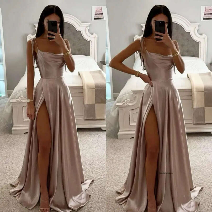Rosy Gold Prom Straps Satin Evening Elegant Pleats Split Formal Long Special Ocn Party Dress Robe De Soiree 0515