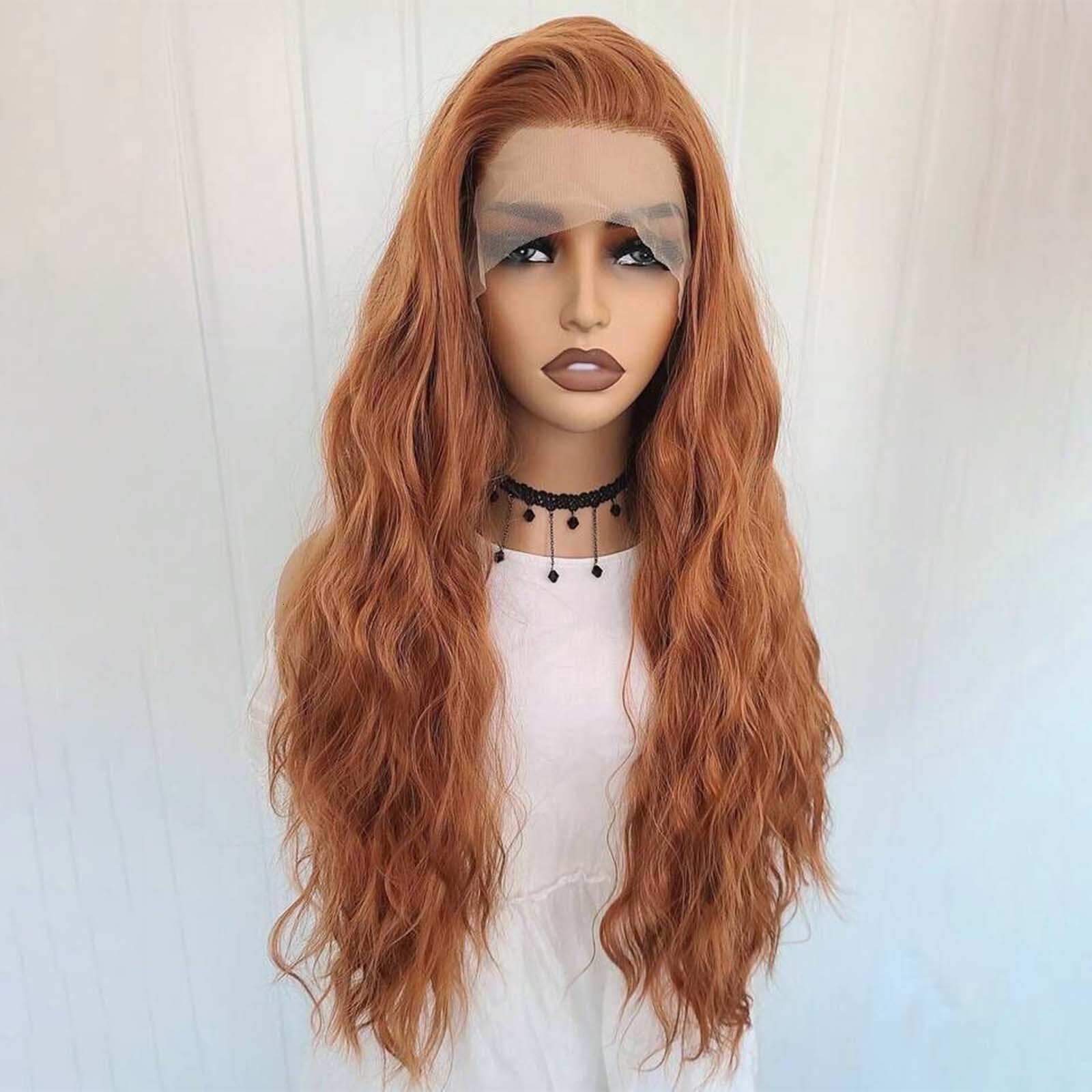 13X4 Ginger Orange Long Curly Synthetic Front Natural Wavy Auburn Brown Colored Hair Lace Frontal Wig for Women Party