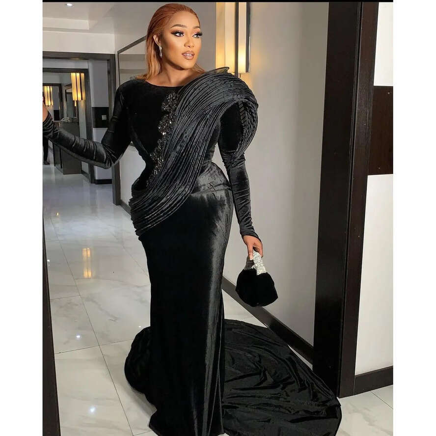 Black Elegant Mermaid Prom Appliques Beads Pleats Plus Size Evening Dress Aso Ebi Formal Party Gowns Vestidos De Gala