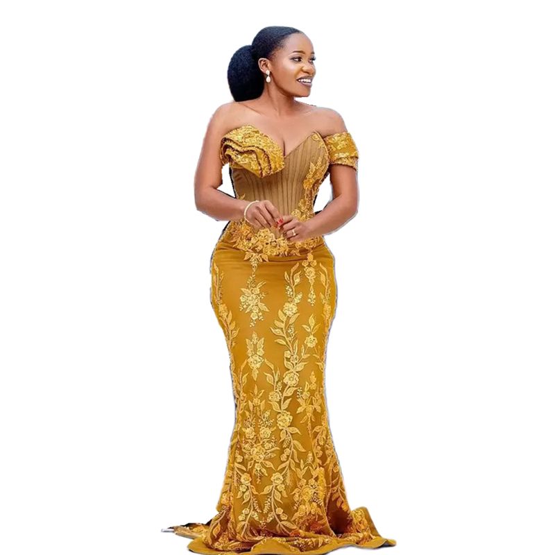Arabic Aso Ebi Gold Lace Mermaid Evening Dresses Lace Appliques Sweetheart Corset Long Formal Party Gowns Elegant African Prom Reception Dress For wom