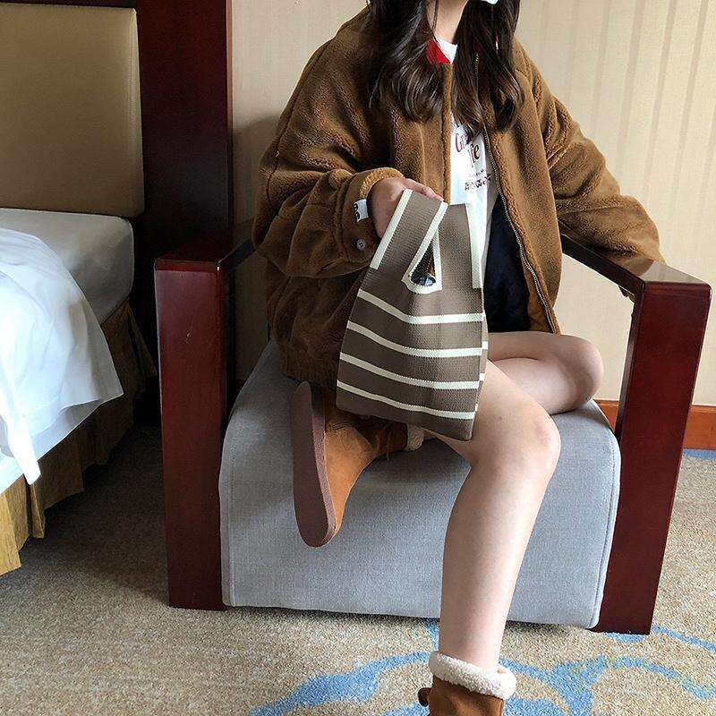 Handmade Women Knitted Small Handbag Casual Wrist Wide Stripe Shopper Mini Tote Student Reusable Shoulder Bag