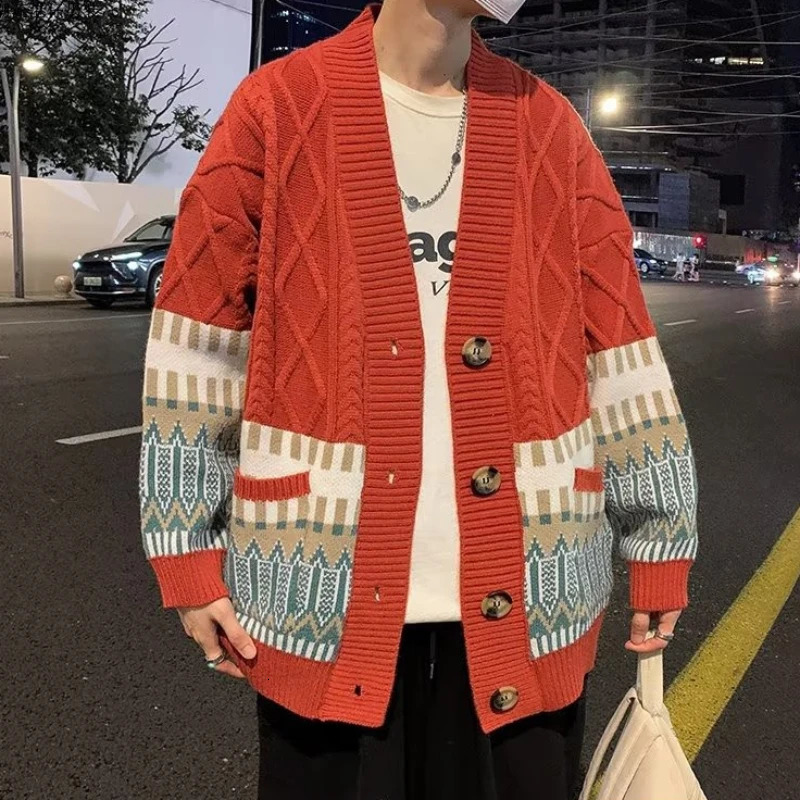 Colorful Cardigan Men Fashion British Style Traditional Allmatch Comfortable Baggy Twisted Knitwear Chic Advanced Long Sleeve 241024