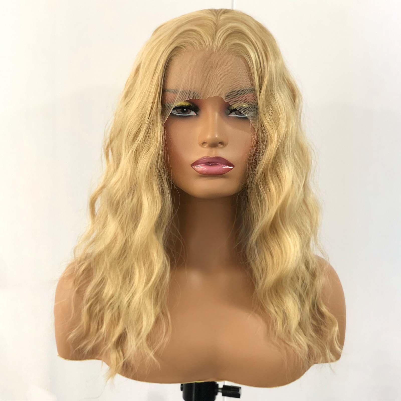 Honey Blonde Highlight Deep Wave Synthetic Lace Front Wig Short Curly Wavy Mixed Colored Hair 13X4 Frontal Wigs for Women