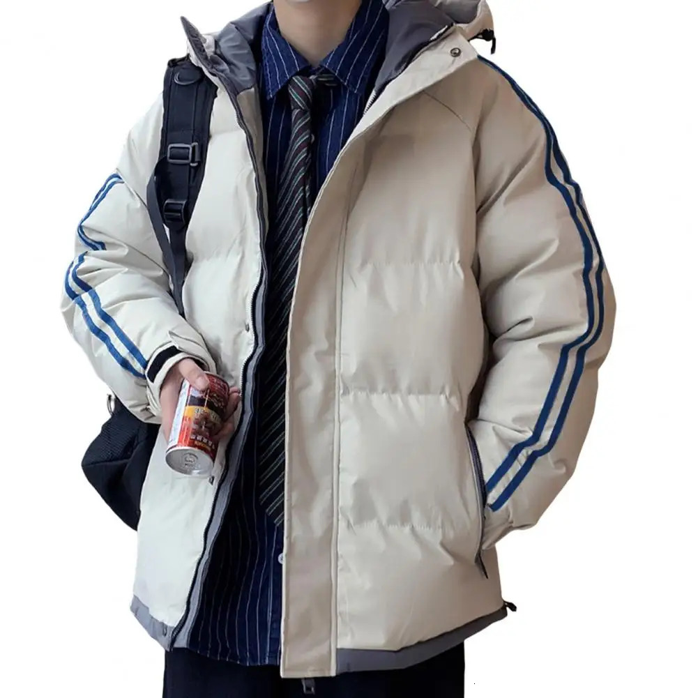 Fashion Thick Men Cotton Jacket Hooded Long Sleeve Parkas Patchwork Color Padded Coat Warm Zipper Outwear 241024