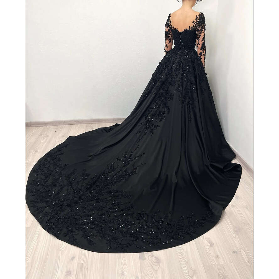 Stunning A E Gothic Illusion Long Sleeves Boho Dresses Bridal Gowns Sequins Lace Appliques Country Black Wedding Dress 0515