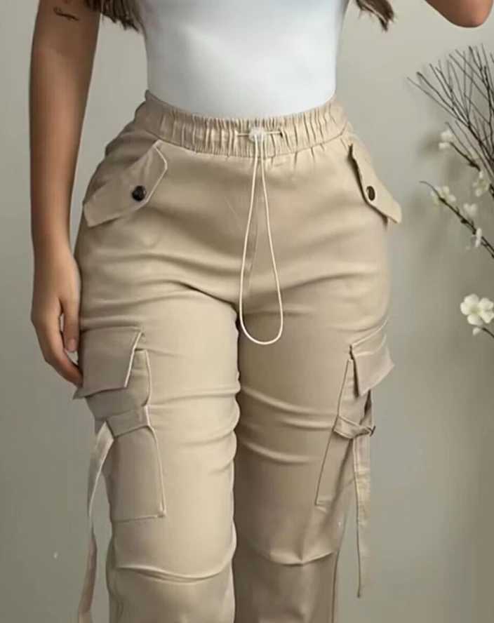 Womens Cargo Pants 2024 Spring Fashion Street Pocket Design Drstring Cuffed Pants Daily Casual Plain Long Pants VersatileX241028
