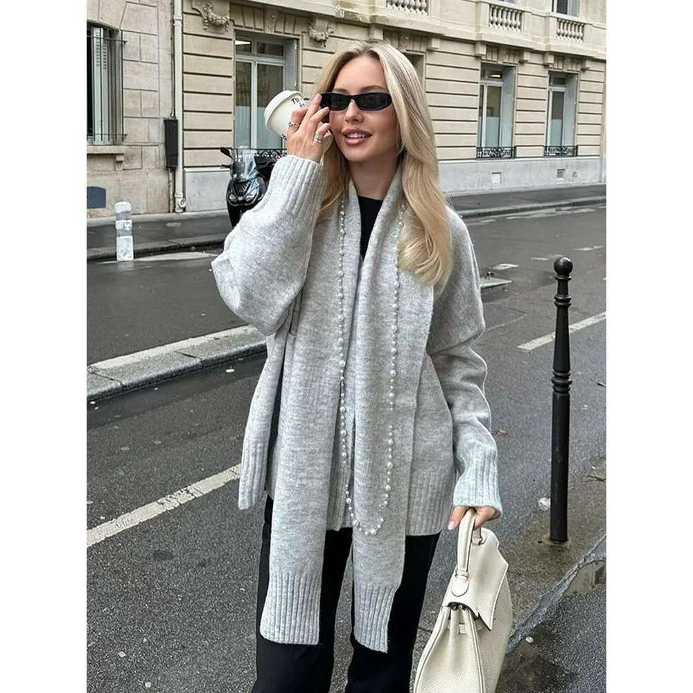 Elegant Solid Scarf Collar Knitted Cardigan Women Chic Full Sleeve With Pocket Loose Sweater New Autumn Lady Casual Street Wear