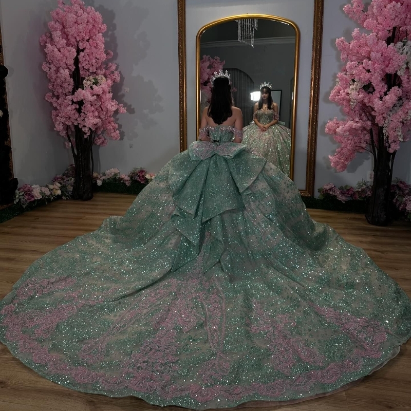 Mint Green Shiny Quinceanera Dresses Princess Sequin Applique Lace Beads Tull Sweet 16 Years Birthday Party Dress Off The Shoulder Vestido De 15 Anos 