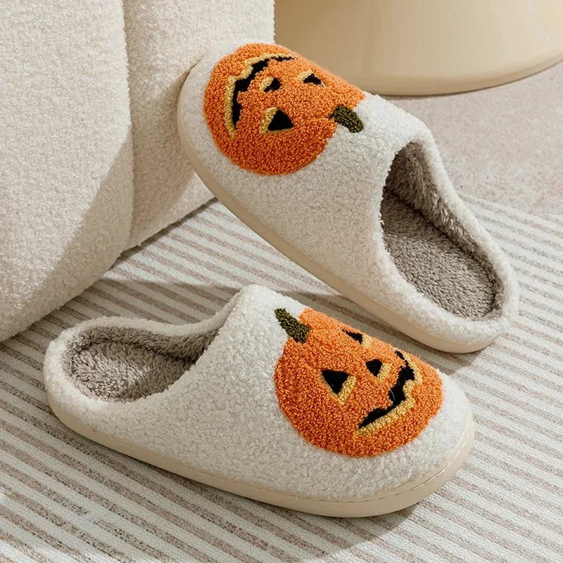 Pumpkin Halloween Womens Slippers Winter Indoor Cartoon Comfort Home Bedroom Soft Causal Flat Plush Shoes for Gift 241025