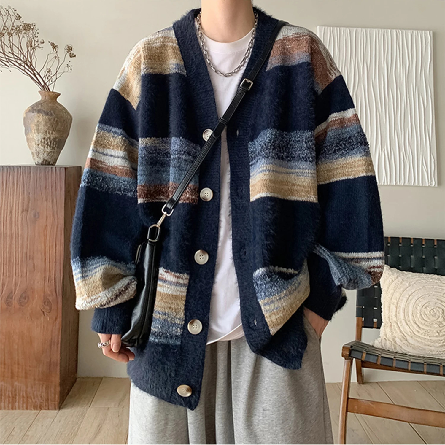 Mens Clothing Knit V Collar Patchwork Cardigan Sweater Coat Long Sleeve Korean Leisure Oversized Knitwear M3XL 241024