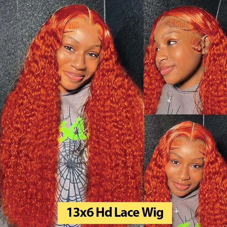 Inch x Orange Ginger Curly Lace Frontal Human Hair Wig Density Deep Wave Front Wigs For Women