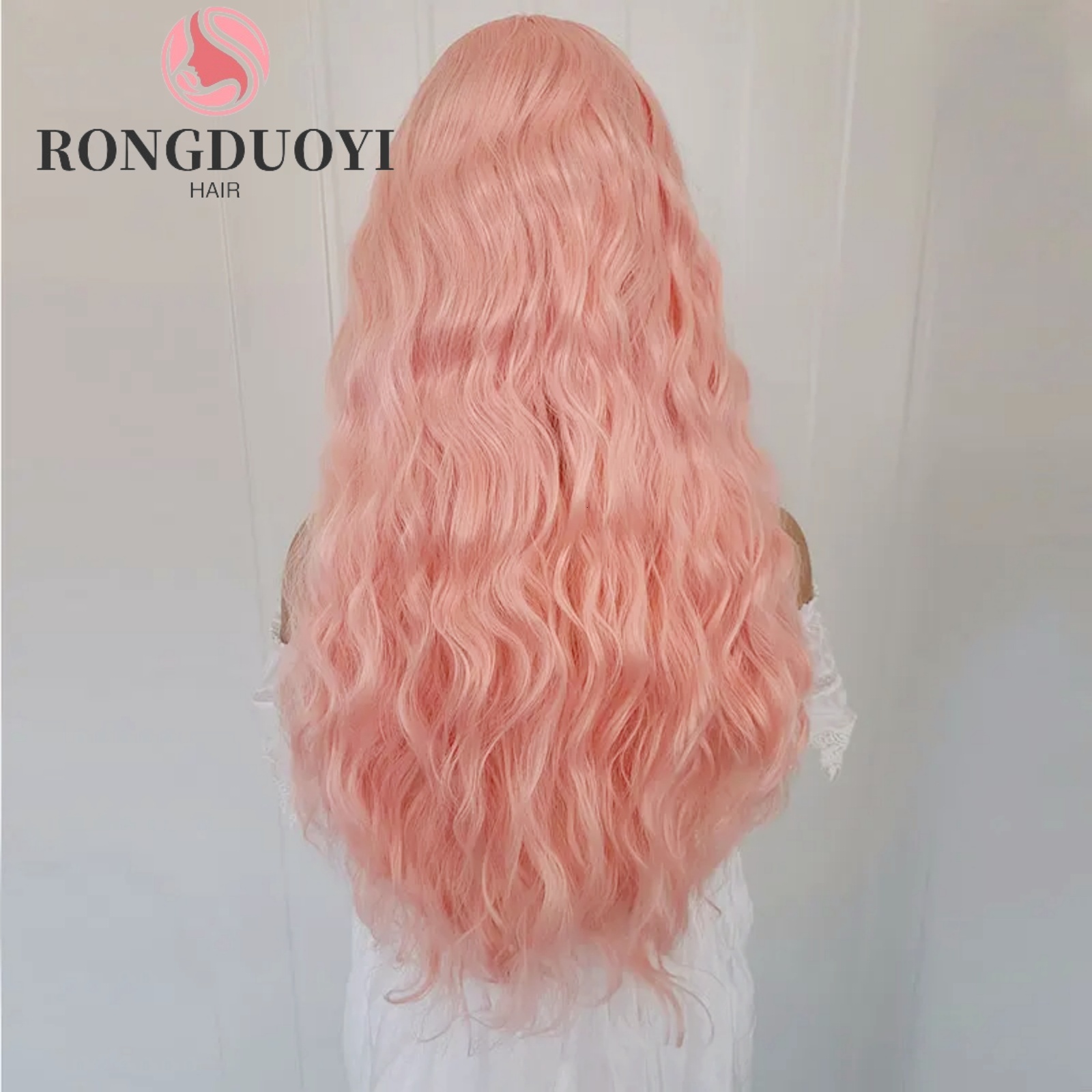 13X4 Peach Pink Natural Wavy Synthetic Front Wig Long Curly Light Orange Colored Hair Lace Frontal Wigs for Women Party