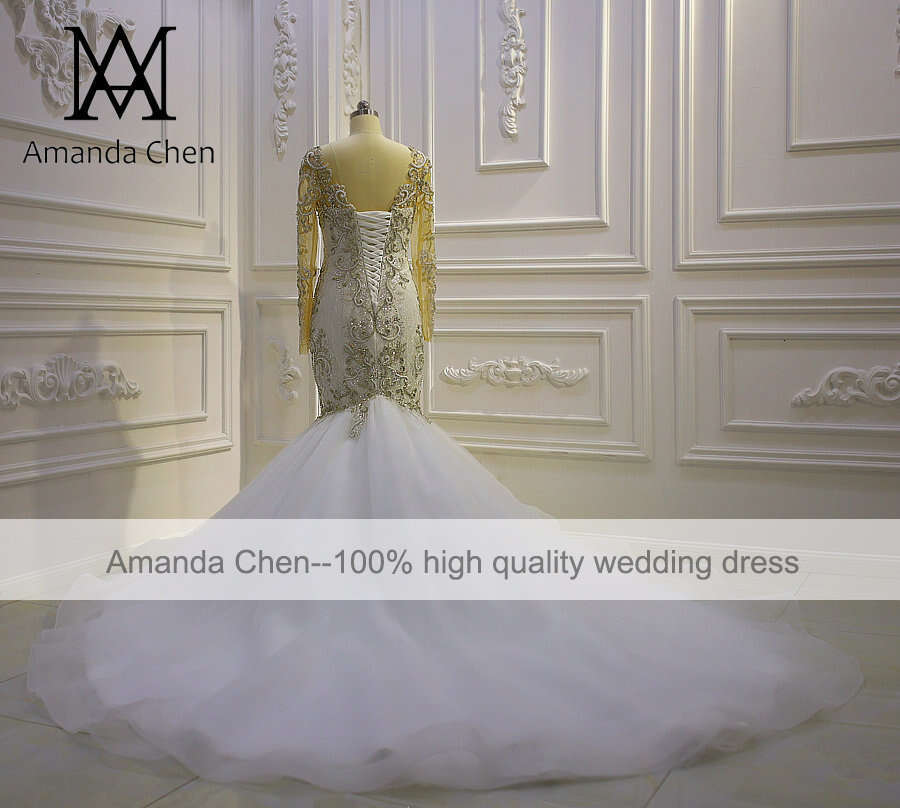 robe longue femme Long Sleeve Crystal Mermaid Wedding Dress