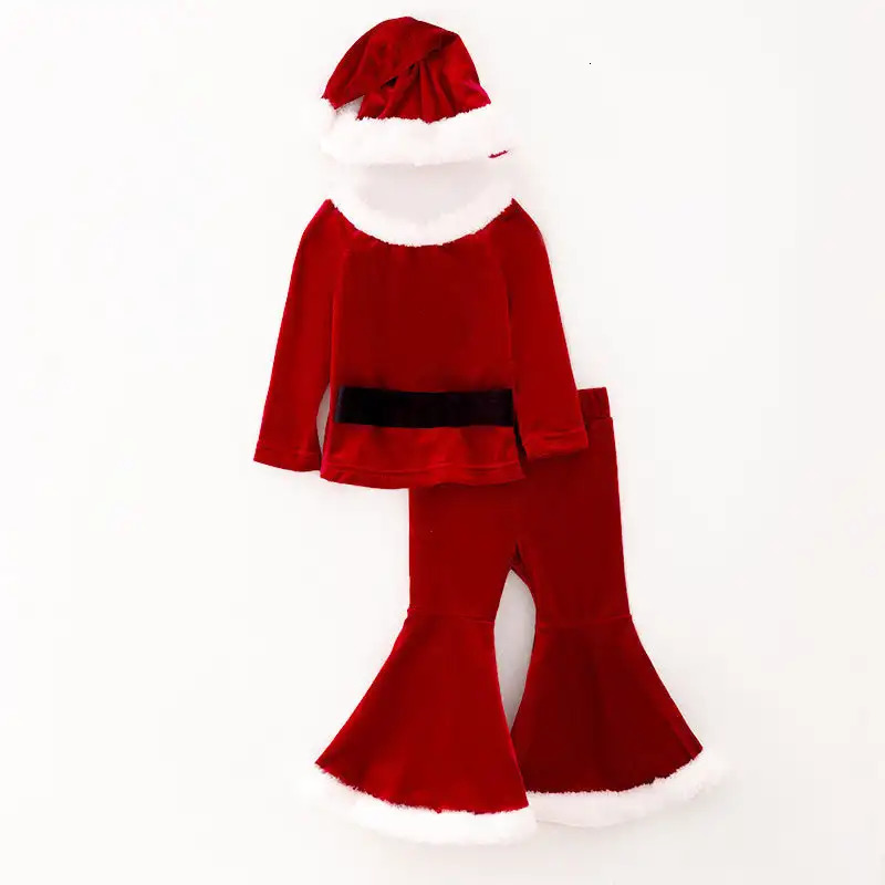 Girlymax 4Pcs Girls Christmas Clothes Set Kids Red Long Sleeve Velvet Top Flare Pant Hat Xmas Santa Suit 241028