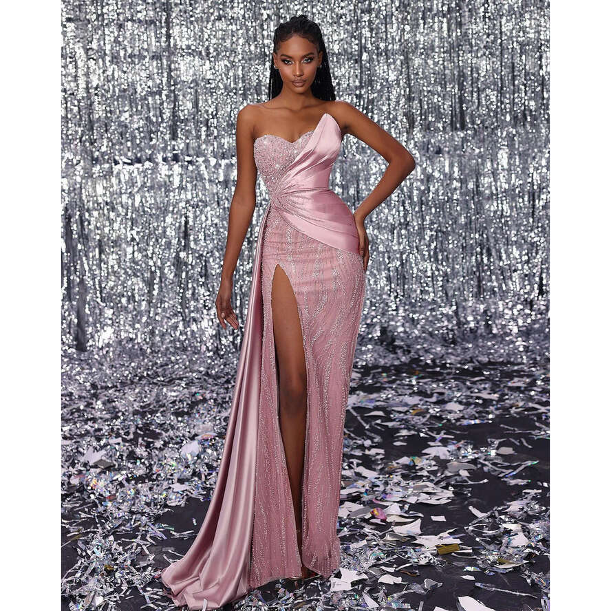 Gorgeous Pink Evening Elegant Sequins Beads Sweetheart Party Prom Dress Pleats Thigh Split Formal Dresses For Women 0515
