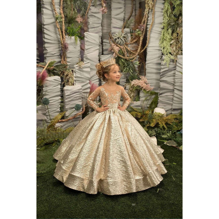 Gold Wer Girl Dress Princess Illusion Sleeve With Bow Buttons Luscious Skirt Birthday Wedding Party Kids Bridesmaid 0509