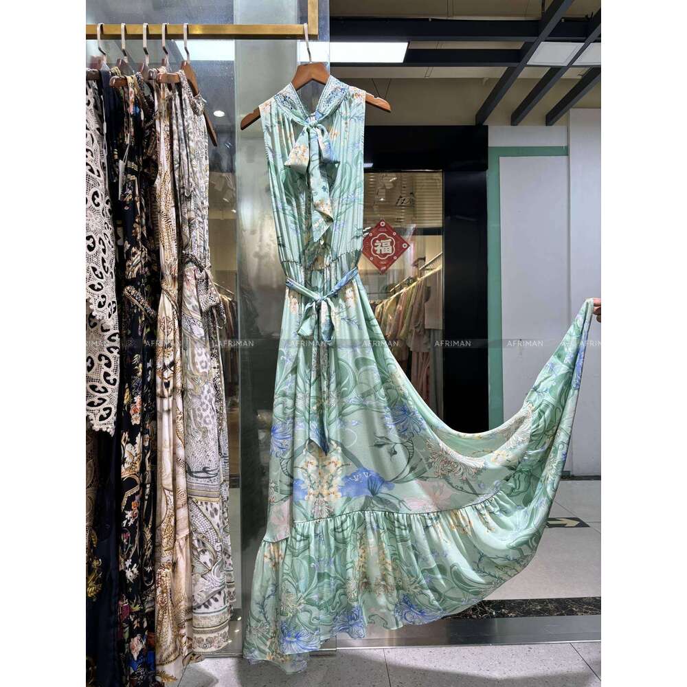 Women Mint Green Retro Print Ribbon Bow Collar Crystal Beaded Sleeveless Silk Long Vest Dress With Belt