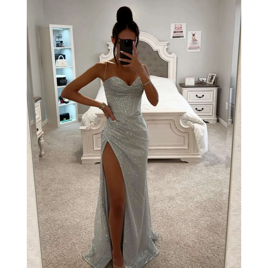 Fashion Sier Prom Dresses Spaghetti Evening Gowns Thigh Slit Pleats Sheath Formal Red Carpet Long Special Ocn Party Dress 0515