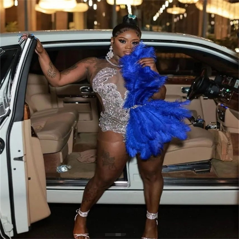 Amazing Blue Feather Prom Dresses With Diamond Crystal Mini Short Cocktail Dress Black Girls African Evening Dress Vestio De Gala Graduation Homecomin