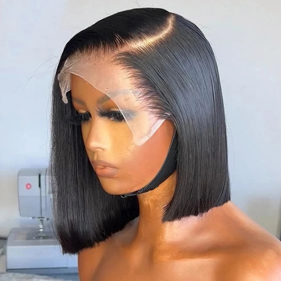 Straight Brazilian 4x4 HD Lace Frontal Short Bob Wig Pre Plucked Natural Black 100% Human Hair Wigs