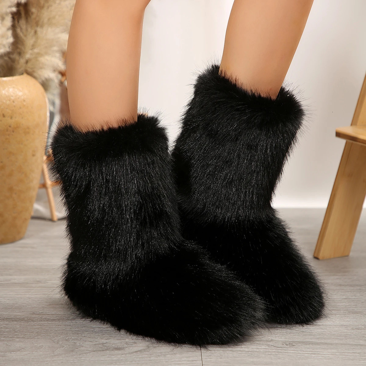 Women Winter Black Shank High Fluffy Boots Ladies Furry Faux Fox Fur Long Warm Shoes Girls er Large Size Plush Fur Boots 241028