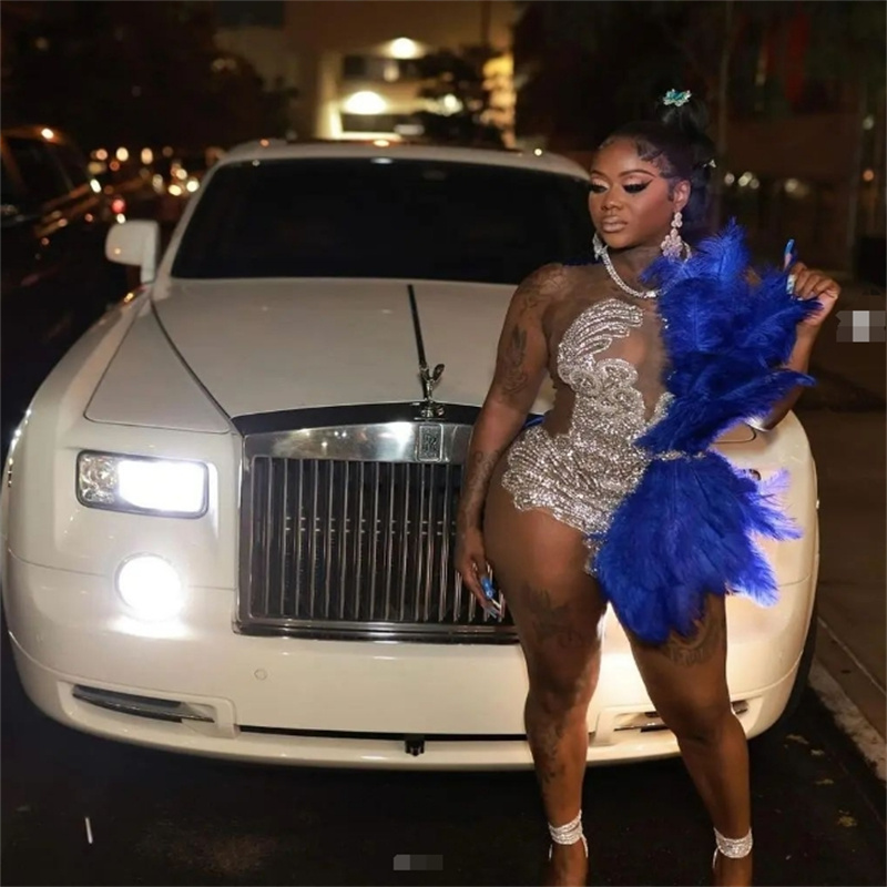 Amazing Blue Feather Prom Dresses With Diamond Crystal Mini Short Cocktail Dress Black Girls African Evening Dress Vestio De Gala Graduation Homecomin