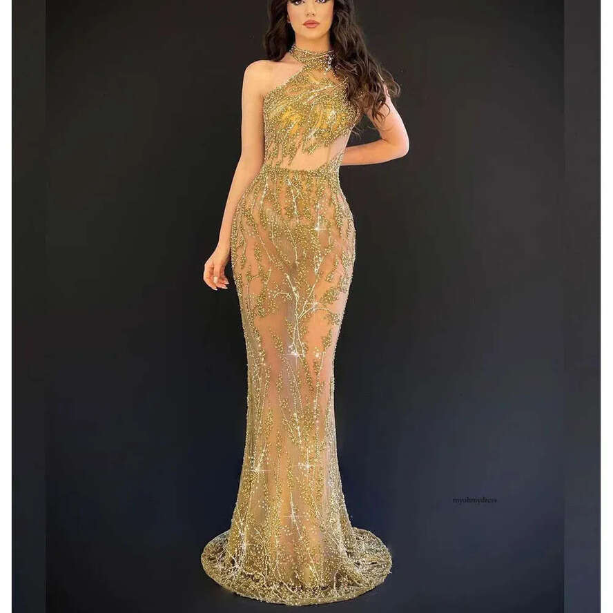 Prom Mermaid Dresses Sleeveless Halter Appliques Dias Sparkly Sequins Or Length Beaded Lace Hollow Evening Dress Bridal Gowns Plus Size Custom Made