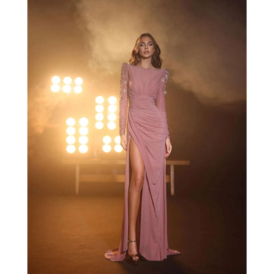Pink Elegant Evening Bateau Neck Beads Crystal Long Sleeves Formal Party Prom Dress Split Red Carpet Dresses For Special Ocns