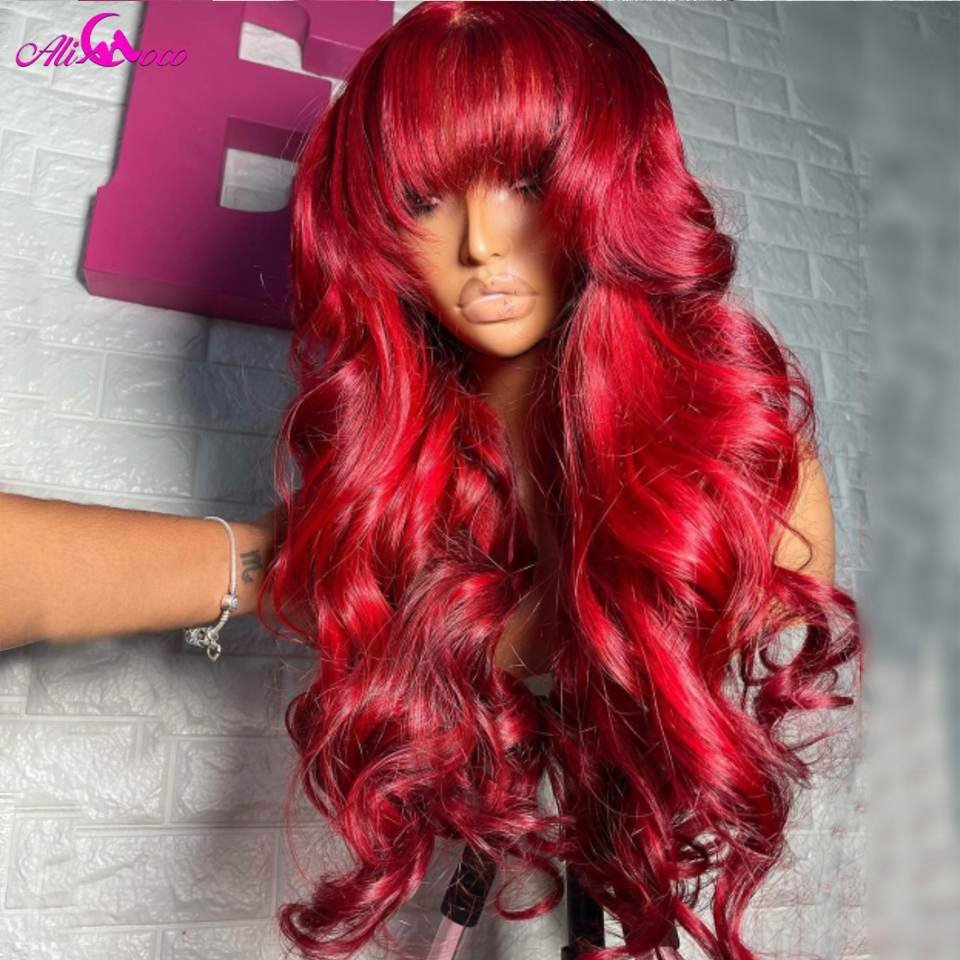 13x4 Red With Bangs Body Wave Human Hair Front 5x5 Lace Closure Wig For Women