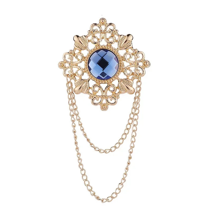 Retro Gem Brooch Mens Suit Pin Vintage Cross Tassel Lapel Pins with Chain Badge Jewelry Accessories 241028