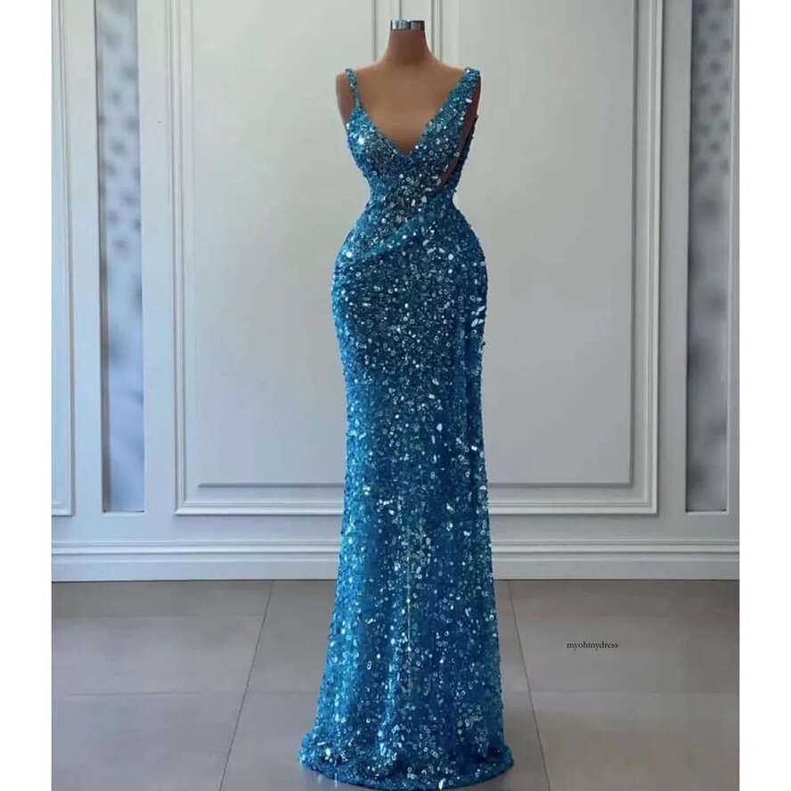 Blue Prom Dresses Spaghetti Straps Sleeveless V Neck Lace Appliques Shiny Sequins Beaded Train Hollow Mermaid Or Length Evening Dress Plus Size Custom