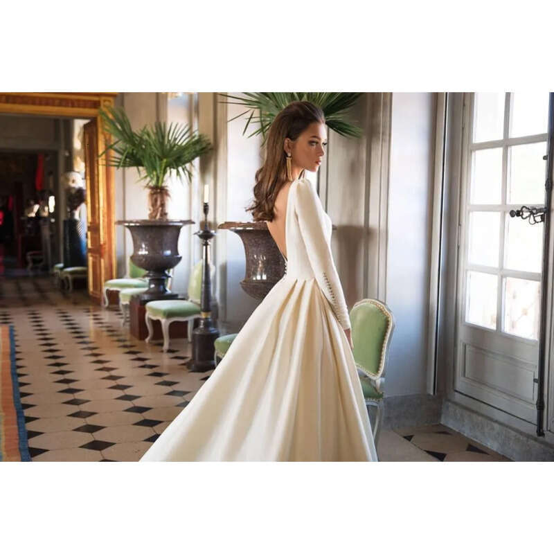 Newest Simple Dresses Boat Neck Long Sleeves Backless Ruffles Satin Wedding Gowns Vintage Bridal Dress