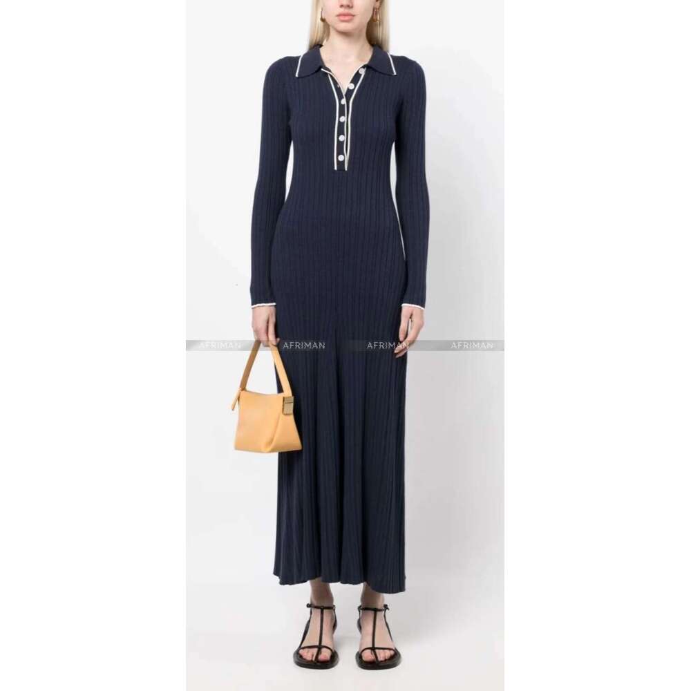 Women Polo Collar Color Patchwork Threaded Knitted Long Dress