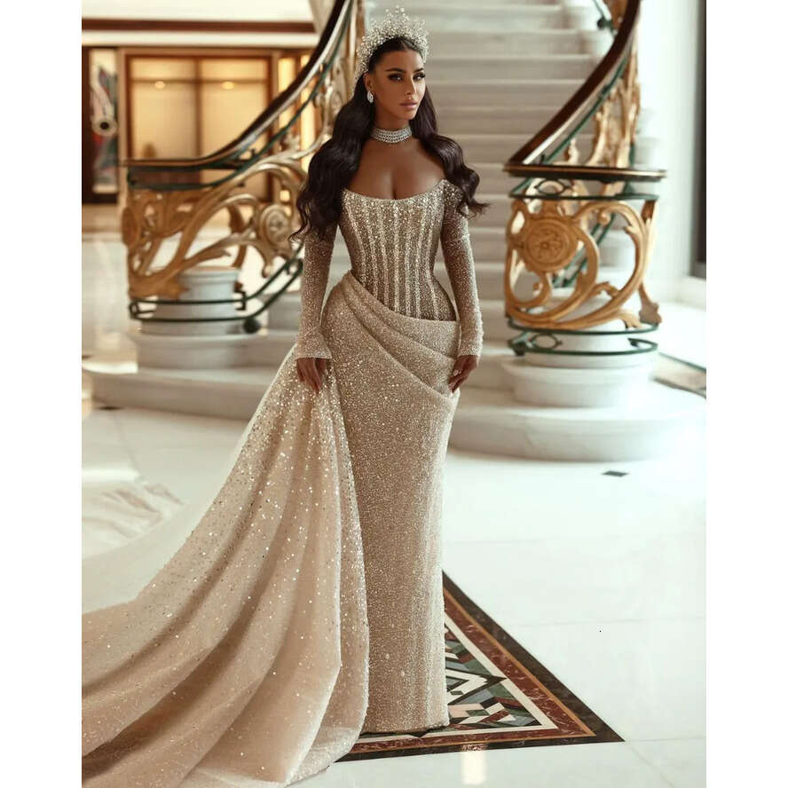 Stunning Gold Mermaid Prom Elegant Crystal Sequined Beading Shoulder Evening Dress Beads Side Train Custom Made Formal Pageant Dresses For Women 0515