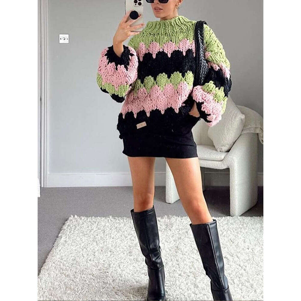 Chic Contrasting Knitted Sweaters Women Fashion O Neck Long Lantern Sleeves Loose Jumpers Autumn Warm Lady Commuting Pullovers