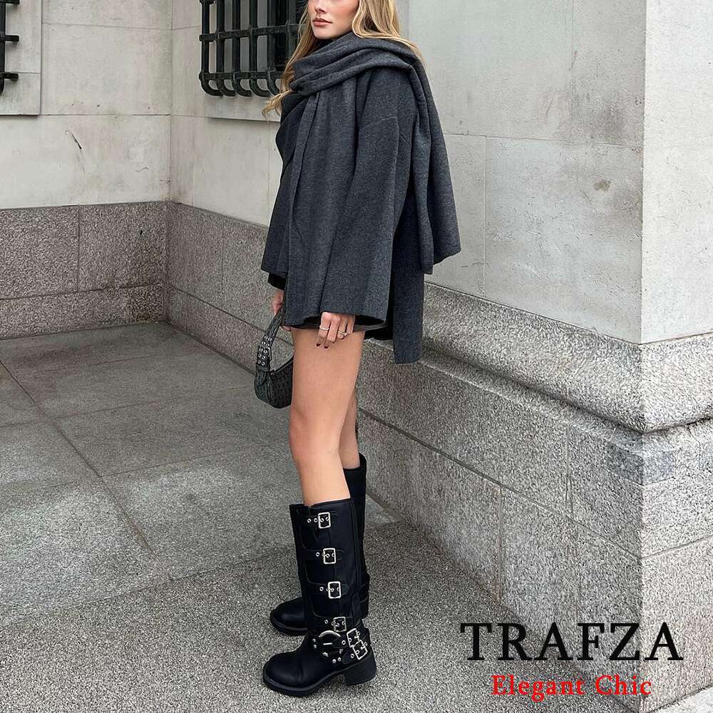 TRAFZA Women Fashion Knitted O-Neck Irregularity Loose Sweater New 2024 Autumn Winter Casual Stylish Pullover