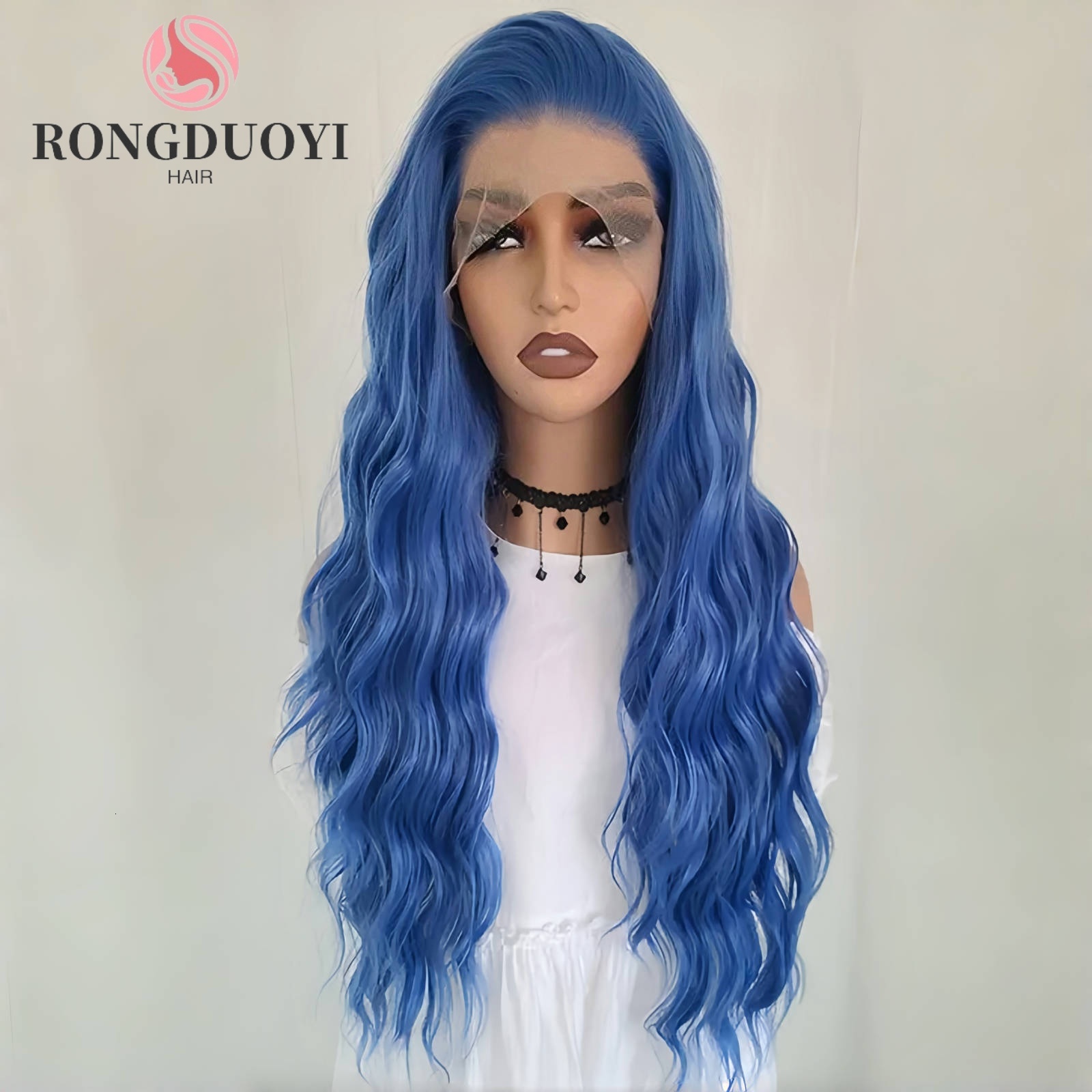 Dark Blue Deep Wave Synthetic Hair Long Curly Front Wig Natural Wavy Colored 13X4 Lace Frontal Wigs for Women Party