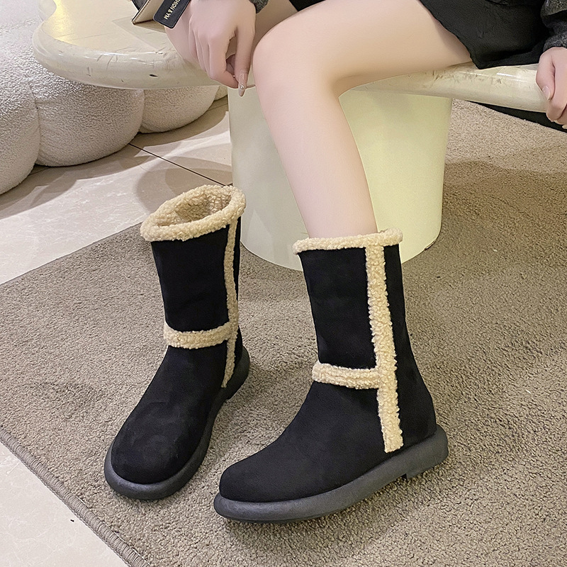 Women's Fashion Boots:Thick Sole Snow Boots Winter Fleece Warm Simple Design Flat Bottom,Black/Brown,Free shipping