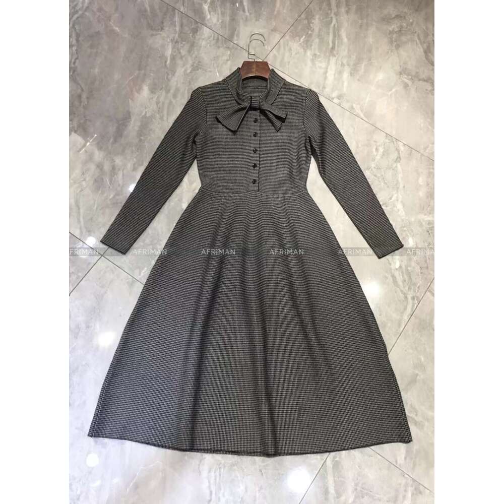 Women Ribbon Bow Collar Long Sleeve Houndstooth Large Swing Knitted Dress